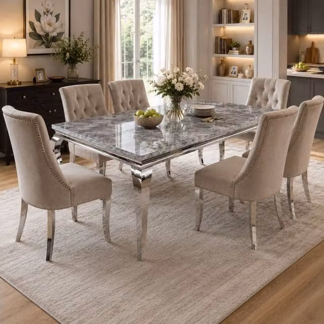 Stratus Interiors Louis Modern Rectangular Marble Top Dining Table in Grey, W: 200 cm, D: 100 cm, H: 74 cm
