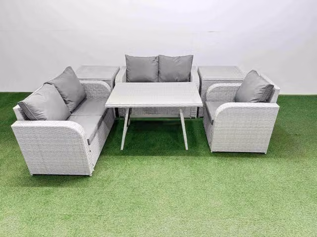 Fimous 5 Seater Outdoor Rattan Garden Furniture Set with Sofa and Reclining Chairs in Light Grey