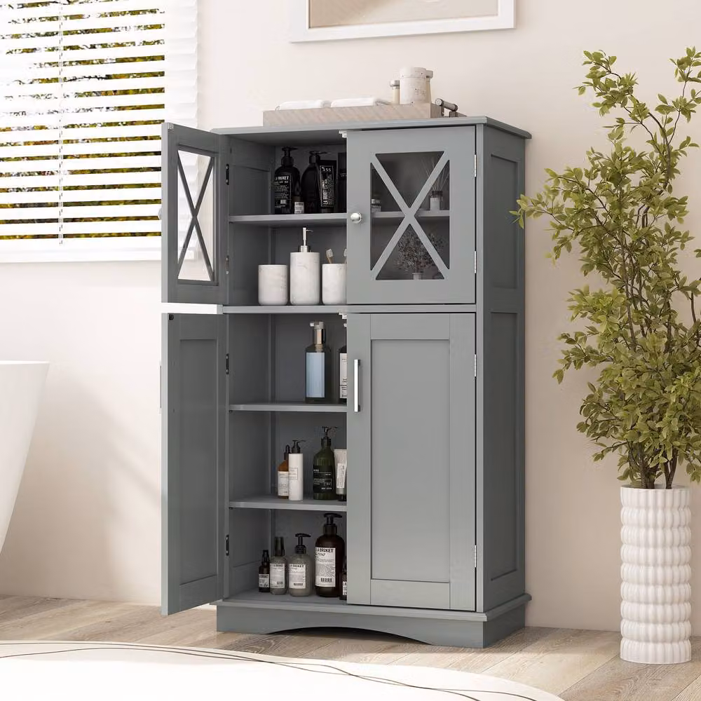 Gymax Grey Freestanding Bathroom Storage Cabinet with Glass Doors and Internal Shelves, Height: 108 cm – 7