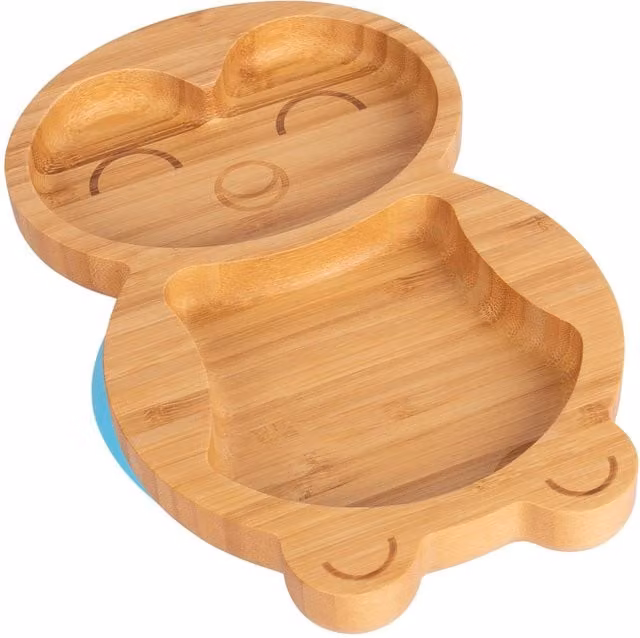 Tiny Dining Children's Bamboo Divided Suction Penguin Dinner Plate in Blue and Brown