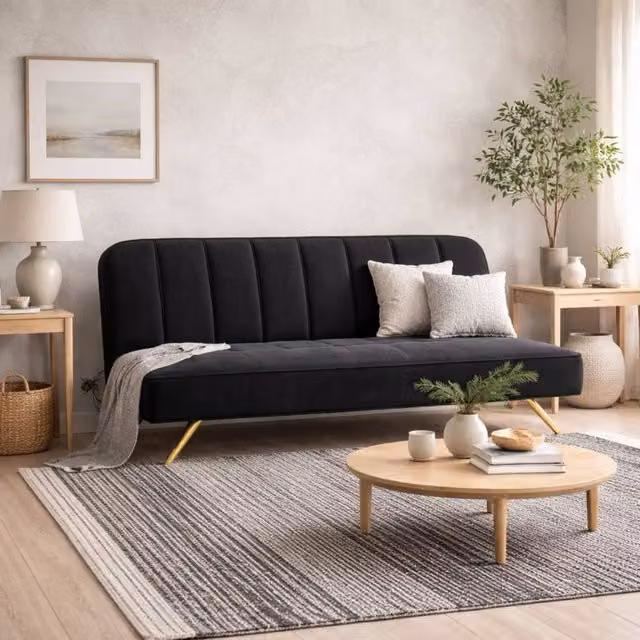 Wyld Haus Malahide Single Sofa Bed in Black Velvet and Ivory Boucle with Gold Metal Legs