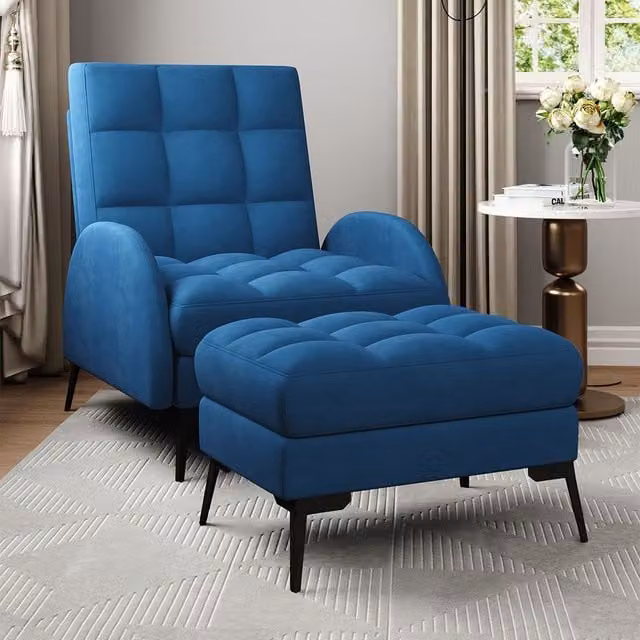 H&O Direct Modern Blue Velvet Recliner Lounge Set with Ottoman and Metal Base – 1