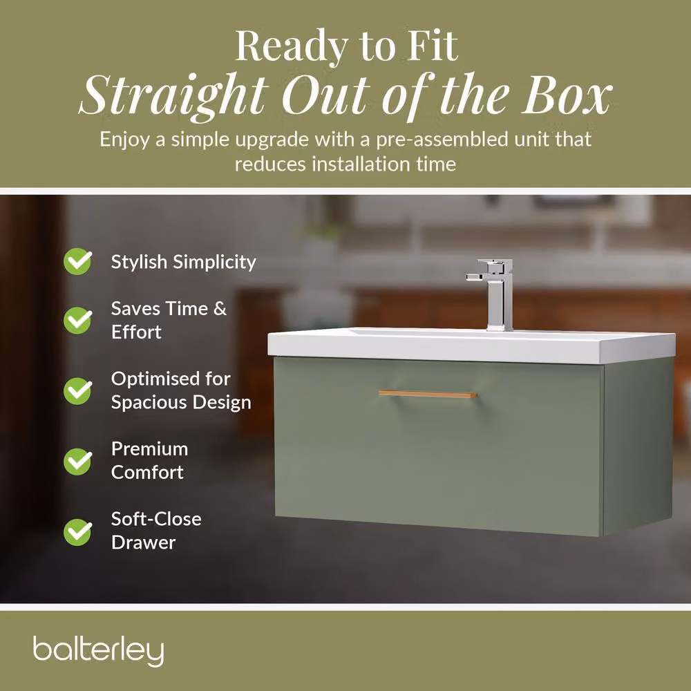 Balterley 800mm Wall Hung 1 Drawer Vanity Basin Unit in Satin Green with Copper Handle – 4