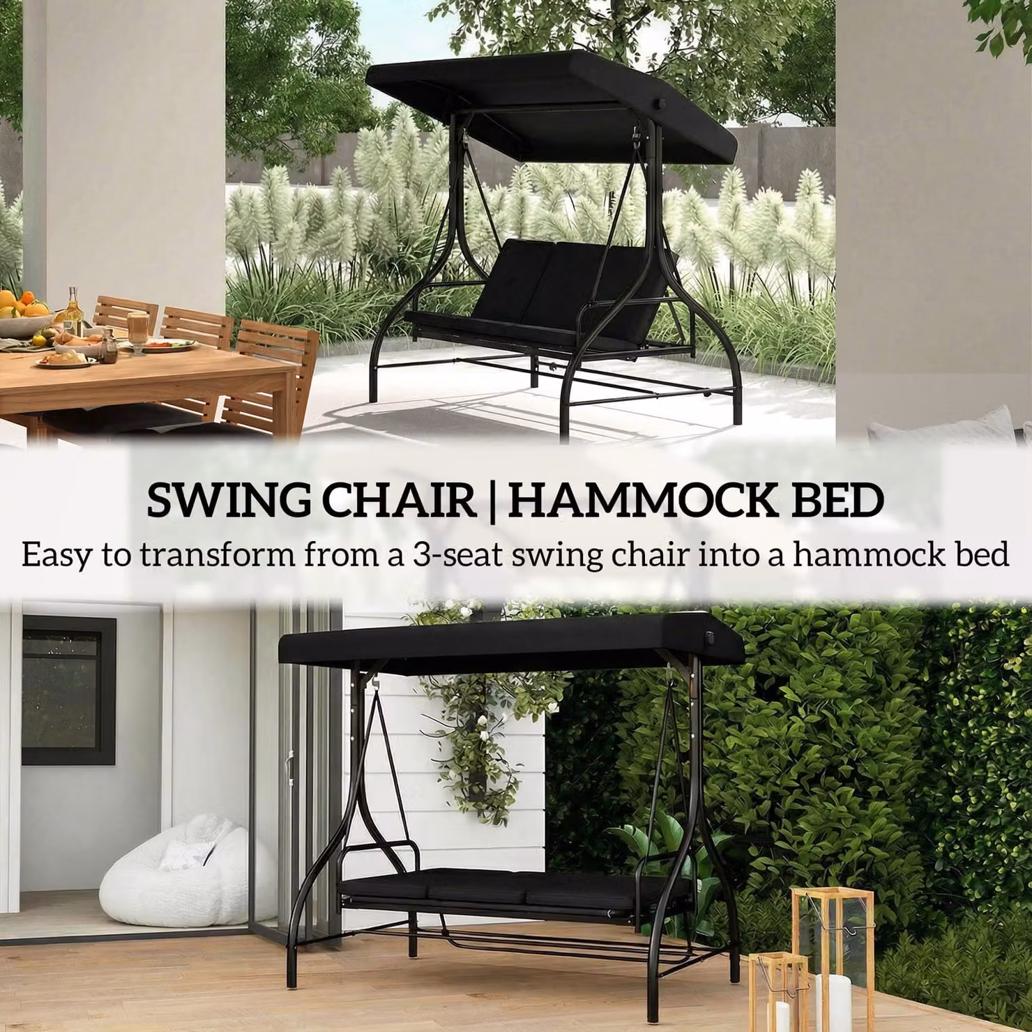 Outsunny 3 Seater Canopy Swing Chair and Convertible Garden Swing Bed in Black with Metal Frame and Cushions – 5