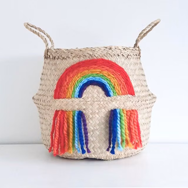 Bellybambino Vivid Rainbow Large Open Weave Seagrass and Wool Basket in Multicolour – 1