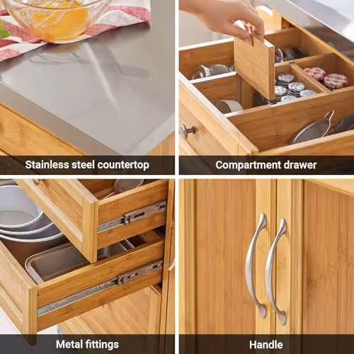 SoBuy FKW70-N Kitchen Storage Trolley and Island with Stainless Steel Top, Brown Bamboo and MDF – 4