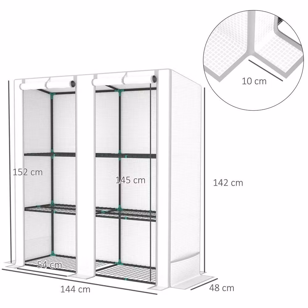 STILVORA 3 Tier Mini Greenhouse with Roll-Up Doors in White, H: 152 cm, W: 144 cm, D: 48 cm – 3