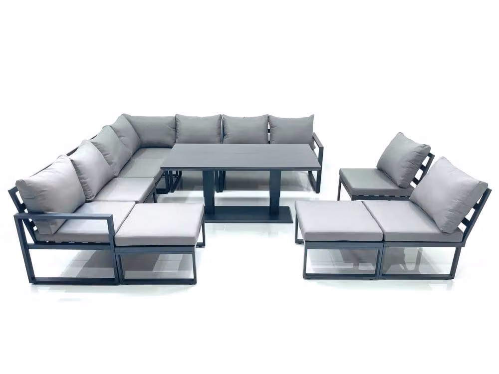 Fimous 11 Seater Outdoor Garden Furniture Set with Corner Sofa, 2 Large Footstools and Height-Adjustable Dining Table in Dark Grey Anthracite Aluminium – 2