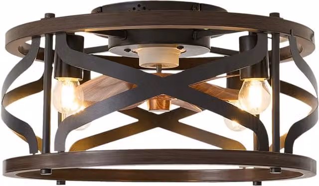 Livingandhome RGB Cylindrical Lampshade Ceiling Fan Light with Remote Control and Timer in Dark Wood and Black