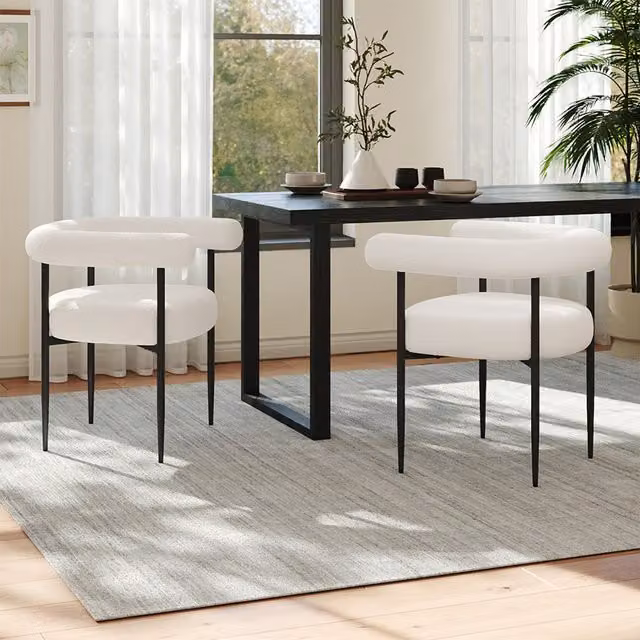 Livingandhome Set of 2 Modern White Fabric Upholstered Dining Chairs with Armrests