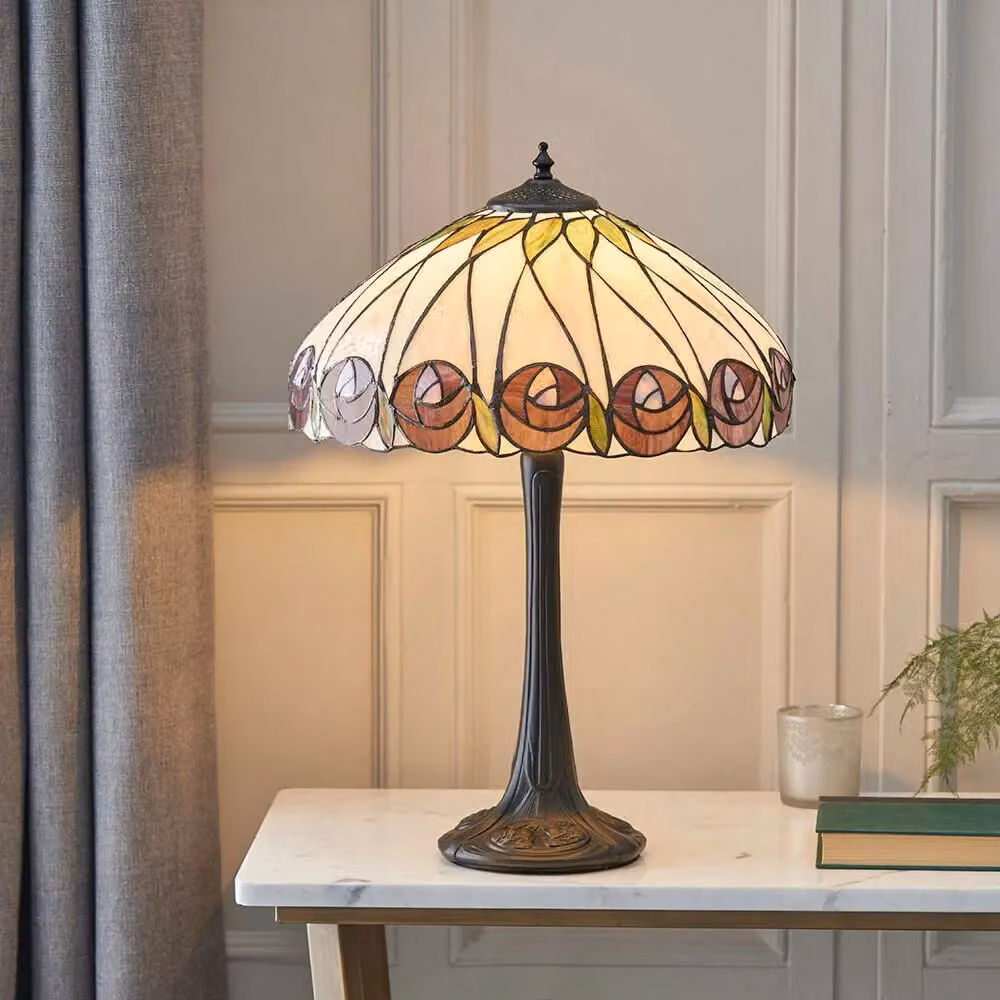 Loops Tiffany Glass Table Lamp with Mackintosh Red Rose Shade in Dark Bronze and Multicolour – 3
