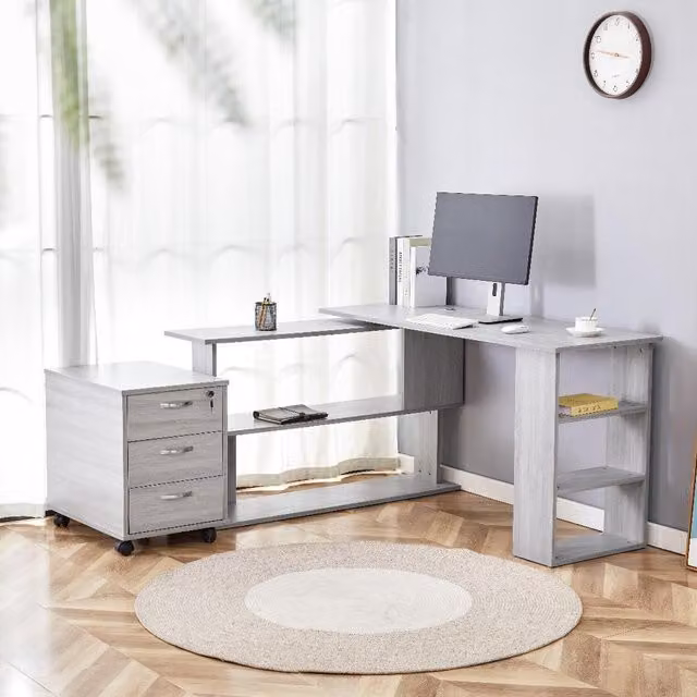 Kosy Koala Modern L-Shaped Office Desk with Shelves and Drawer Pedestal in Grey