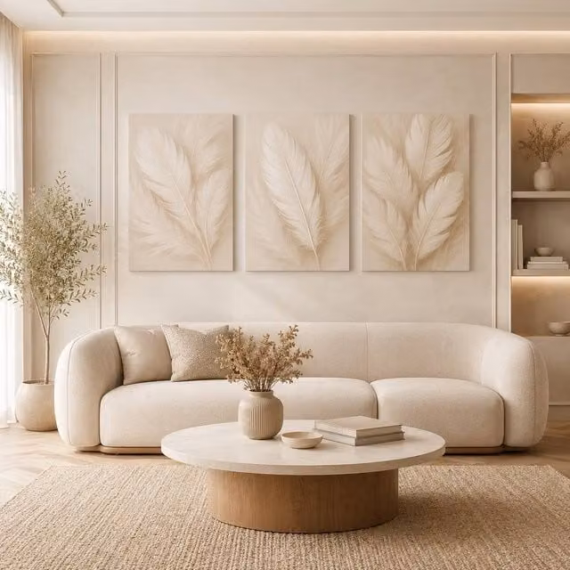 Mafett Whispers in Beige 3 Piece Feather Canvas Wall Art Prints, W: 60.96 cm, H: 81.3 cm