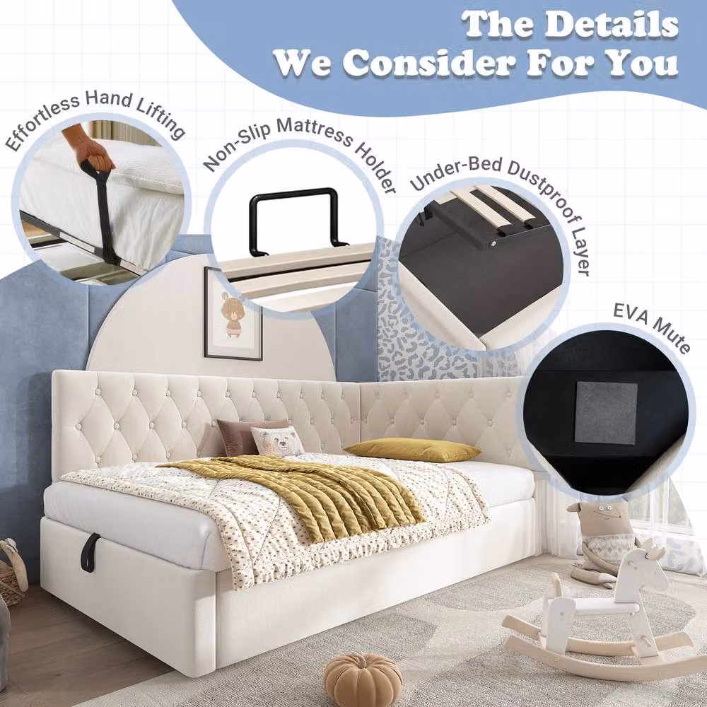 Matteo 3FT Single Sofa Bed with Hydraulic Storage in Beige Velvet Fabric (No Mattress) – 3