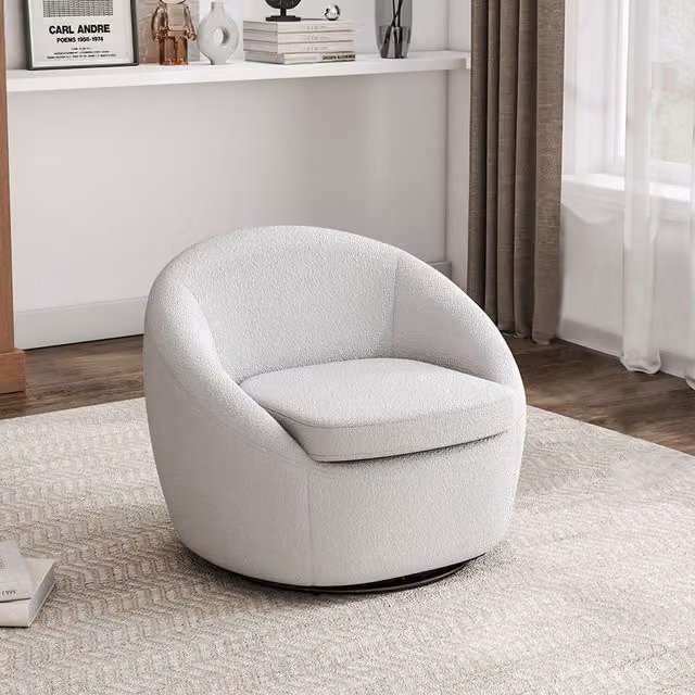 Livingandhome White Faux Fur and Bouclé Tub Swivel Chair with Armrests, Height: 85 cm