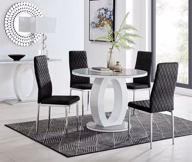 FurnitureboxUK Giovani Round Dining Set with Grey Glass Top 100cm White High Gloss Halo Base Table and 4 Black Soft Velvet Milan Chairs with Silver Legs