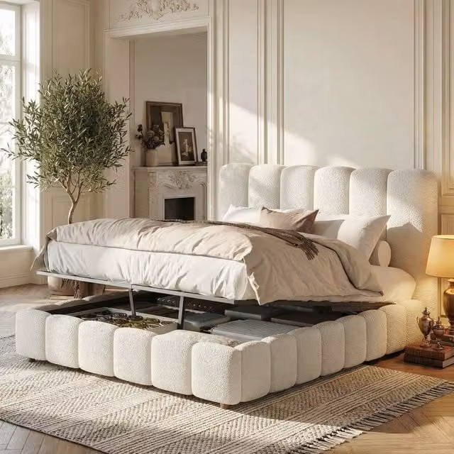 Rolipo White Bouclé Upholstered Double Bed with Hydraulic Storage W/D/H: 140 x 200 cm – 1