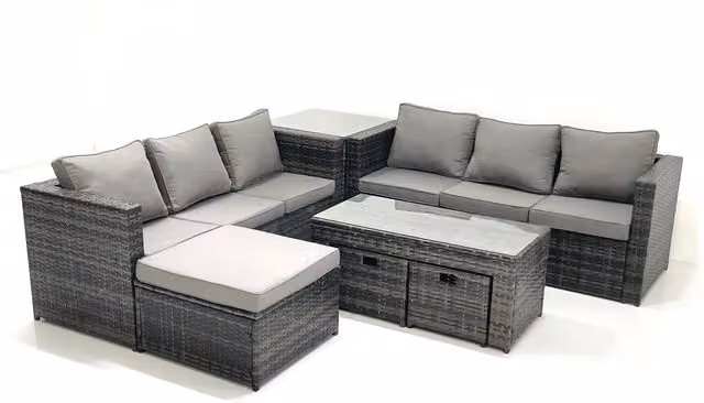 Fimous Modern U-Shape Rattan Outdoor Sofa Set with Coffee Table and Ottoman in Dark Grey Mixed