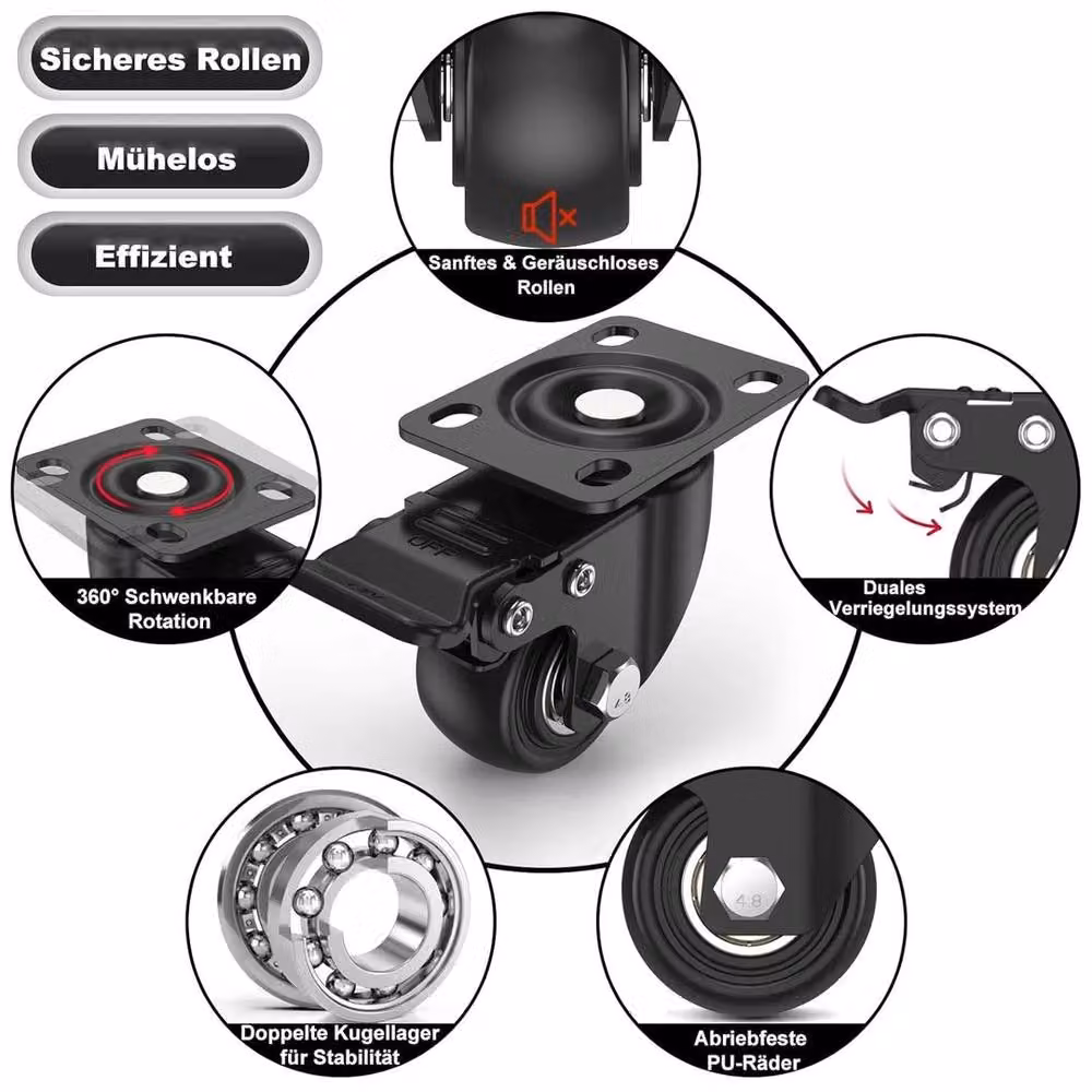 FLAVORA 4-Piece Set of Black PU Swivel Caster Wheels with Plate – 5