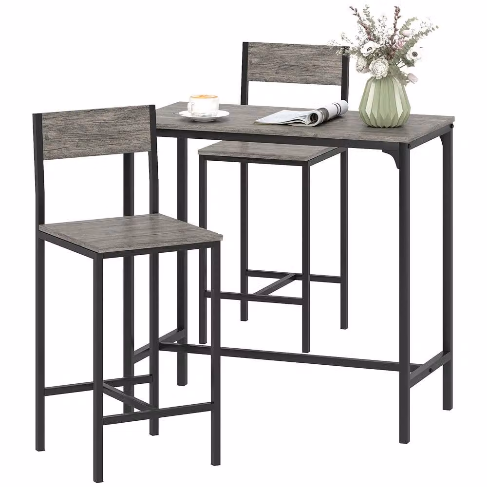 STILVORA 3-Piece Industrial Bar Table Set with 2 Stools in Grey and Black – 4