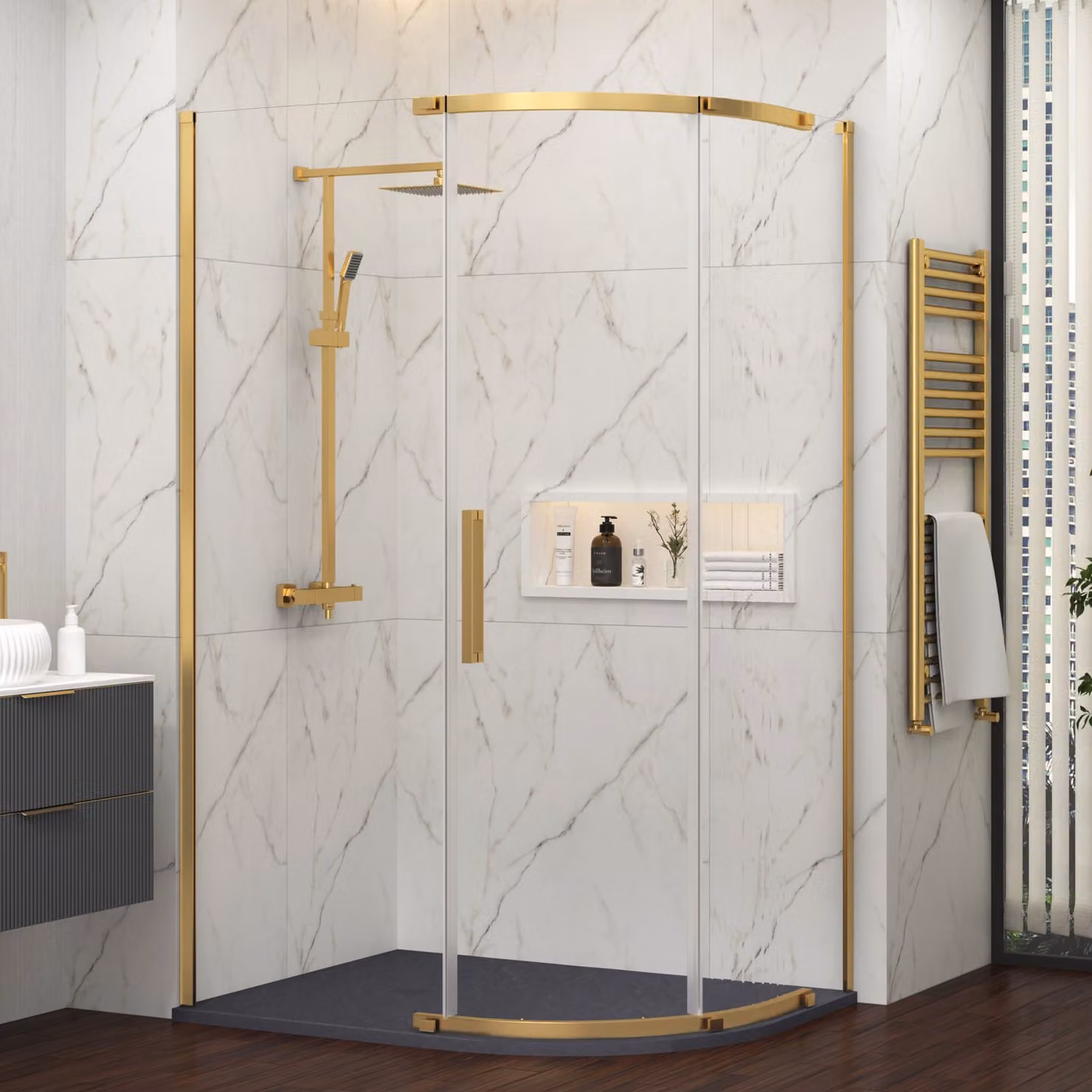 Royal Bathrooms Chelsea Single Door Offset Quadrant Shower Enclosure with Grey Stone Tray and Brushed Brass Finish, W: 120 cm, D: 80 cm, H: 195 cm