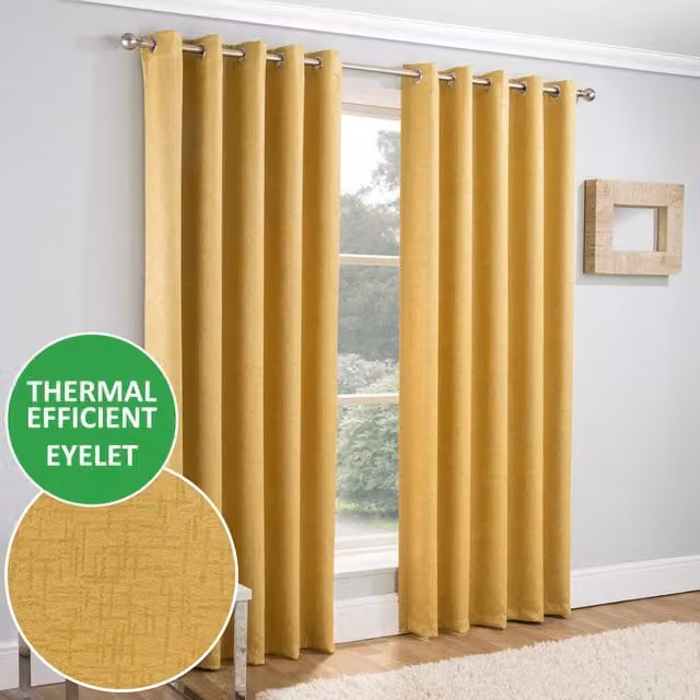 Enhanced Living Pair of Vogue Eyelet Thermal Dimout Curtains in Yellow, W: 183 cm, H: 229 cm