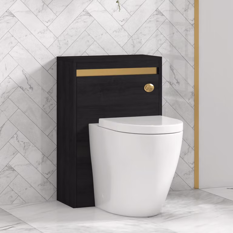Royal Bathrooms Orion 540mm Hale Black BTW WC Unit with Elva Rimless Short Projection Ceramic Toilet Pan, Seat and Cistern with Brushed Brass Accent Trim