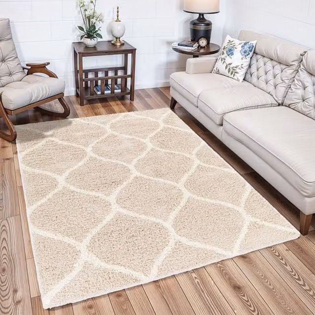 Livabliss Urban Boho Shag Modern Plush Pile Rug in Beige, White, Blue and Grey, W: 130 cm, D: 190 cm – 1