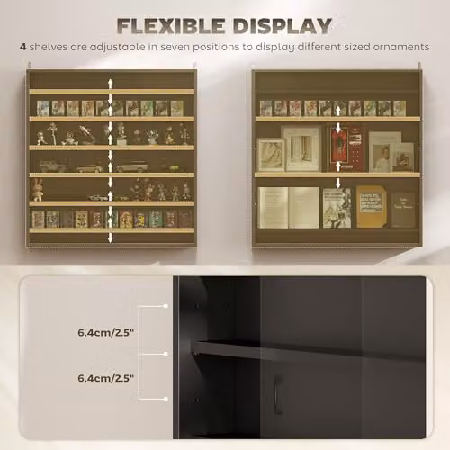 HOMCOM 7-Tier Wall Mounted Display Cabinet with Glass Doors in Black, W/H: 80 x 83 cm – 4