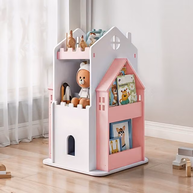 Livingandhome 3-Tier Castle-Style Swivel Rotating Bookcase and Storage Shelf for Kids in White and Pink
