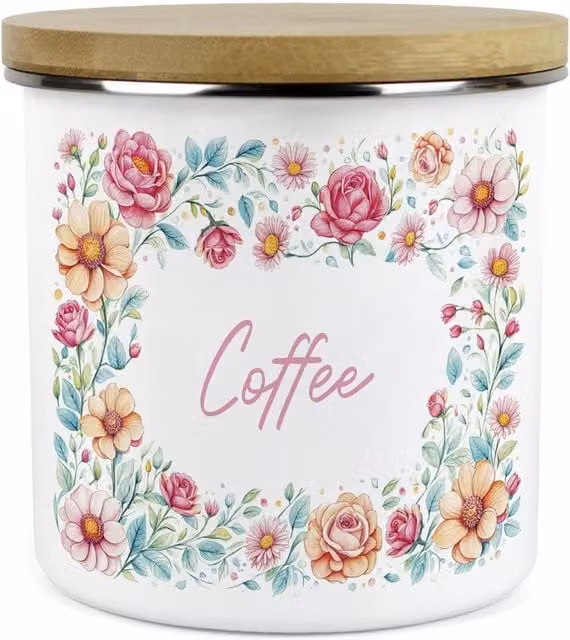 Purely Home Floral Pink Roses Large Ceramic and Enamel Kitchen Storage Canister in White