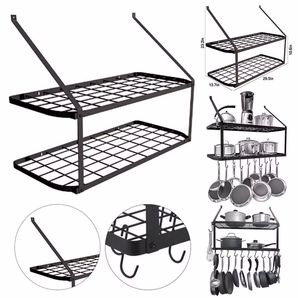 Garden Sanctuary Wall-Mounted 2 Tier Metal Pan Rack and Pot Holder Storage with 10 Hooks, Black – 3