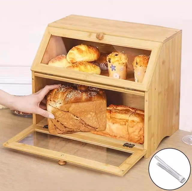 Hinsinc Double Layer Bamboo Wooden Bread Box Storage Container, Beige, W: 32.0 cm, D: 39.0 cm, H: 1.0 cm