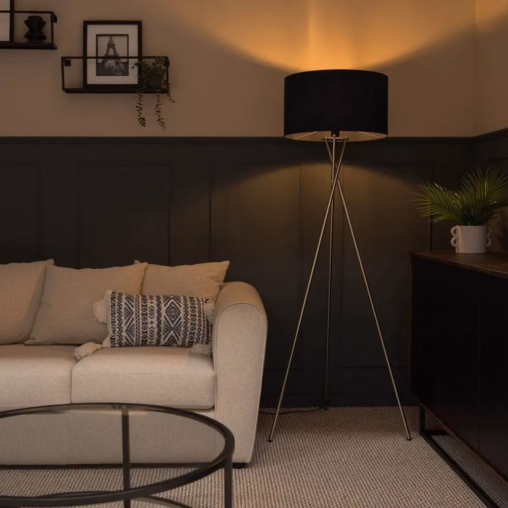 ValueLights Camden Brushed Chrome Tripod Floor Lamp with Navy Blue Fabric Drum Shade, H 154 cm x W 57 cm x D 57 cm – 3