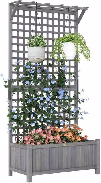 KORVIXA Grey Wooden Raised Bed Planter for Ornamental and Vegetable Gardens W: 100 cm, D: 100 cm, H: 45 cm