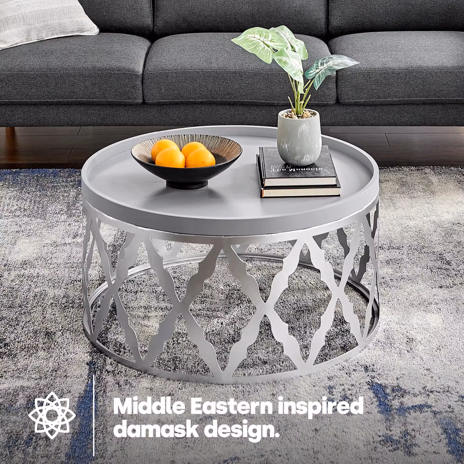 LIVIVO Round Coffee Table with Silver Damask Floral Metal Frame in Metallic Silver and Grey – 2