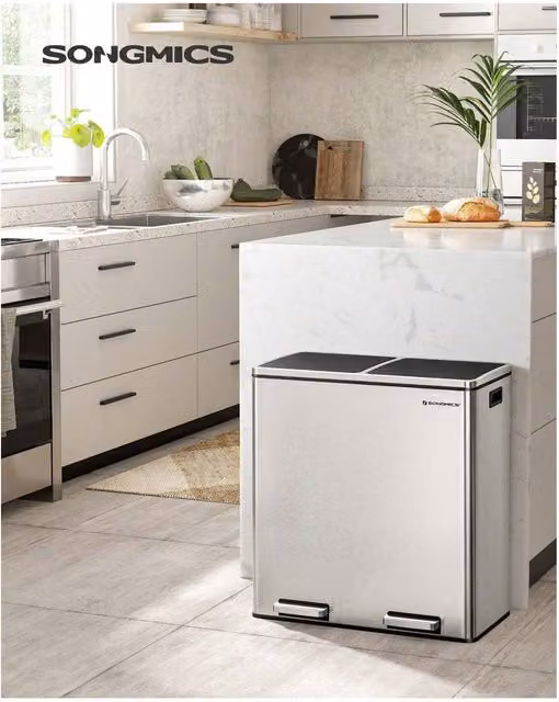 SONGMICS Dual Recycling Bin with Soft Closure and Removable Inner Buckets, Silver, Width: 58.5 cm