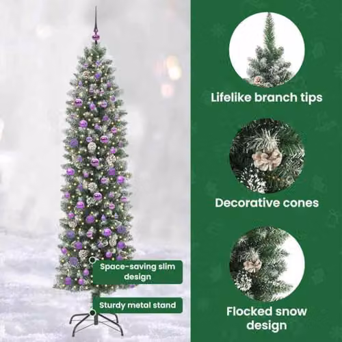 vidaXL Artificial Slim Christmas Tree in Green and White, Height: 210 cm – 5