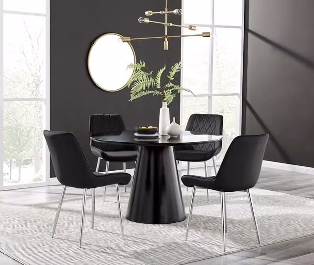 FurnitureboxUK Palma Black Semi Gloss Round Dining Table and 4 Pesaro Silver Leg Chairs Set
