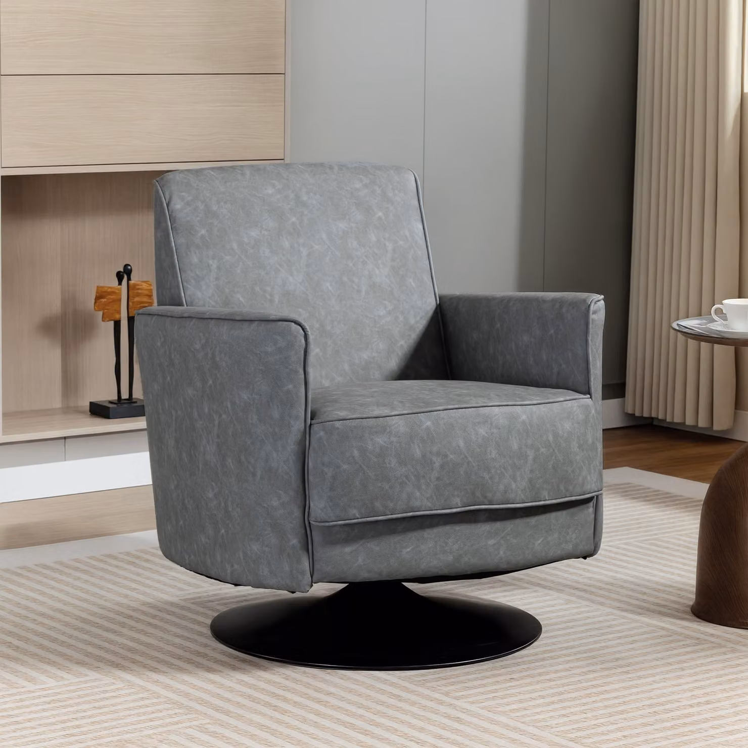 HOMCOM Grey Upholstered Swivel Accent Chair with Armrests and Spring Core Support – 2