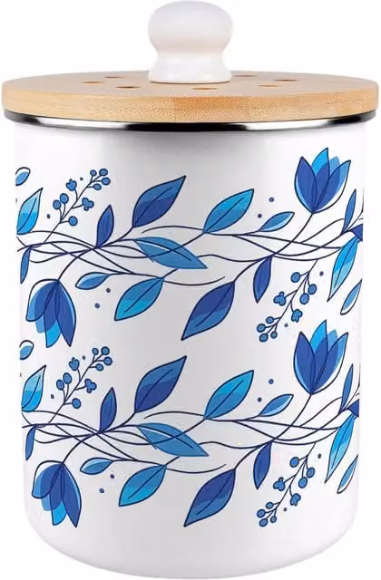 Purely Home Blue Petals Food Waste Caddy, 2L Metal and Enamel Compost Bin with Bamboo Flip Lid in Blue and White