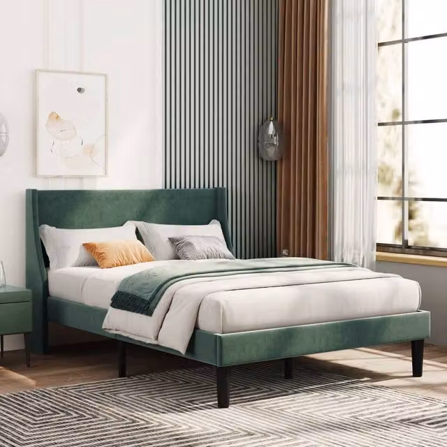 Merax Green Velvet Upholstered Wingback Double Bed Frame W/D/H: 135 x 190 cm – 1