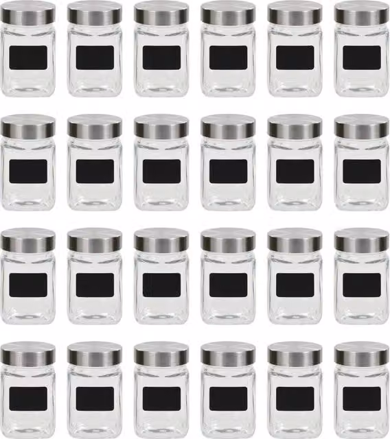 Berkfield 24 Piece Glass Home Storage Jar Set with Stickers, Black, 300 ml per Jar