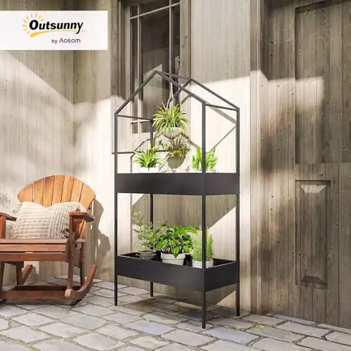 Outsunny 2 Tier Metal Plant Stand with Hook, Black, W/D/H: 70 x 35 x 150 cm – 2