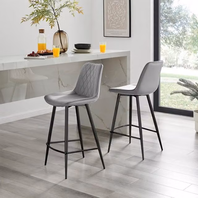 FurnitureboxUK Pesaro Set of 2 Grey Velvet Counter Stools with Black Metal Legs
