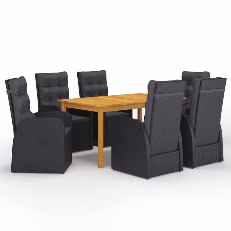 Berkfield Home Beautiful 7 Piece Black Poly Rattan Garden Dining Set with Acacia Wood Table and Cushions