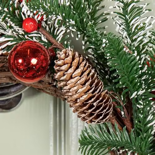 Samuel Alexander Round Rustic Christmas Pinecone Wreath with Red Berries and Baubles, Diameter: 50 cm – 3