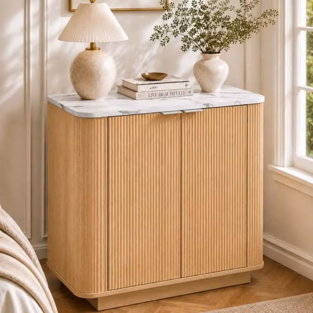 Merax 2 Door Sideboard with Marble Effect Top in Light Oak – 1