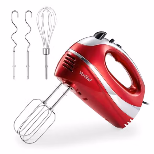 VonShef 300W Electric Hand Mixer in Red and Silver with 5 Speeds and Stainless Steel Attachments
