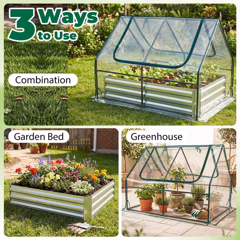 Costway Raised Garden Bed with Cover and 2 Windows, Galvanised Metal Planter Box in Silver – 4